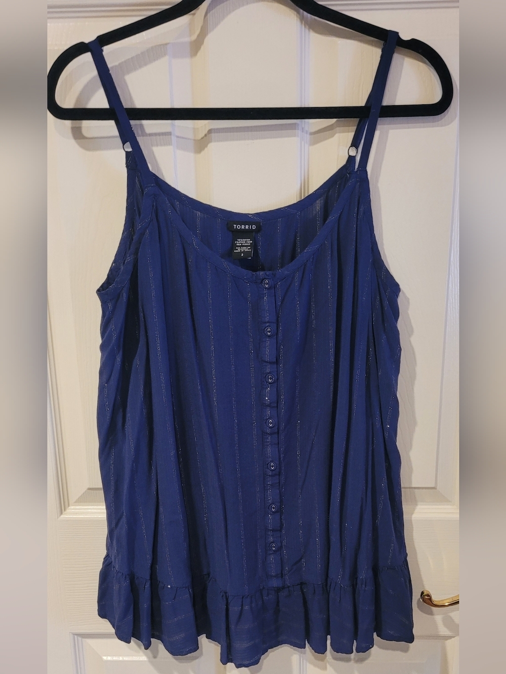 torrid Blue Metallic-Stripe Button-Front Ruffle Hem Cami